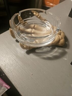 Glass Ashtray with Resin Skeleton Hand Base